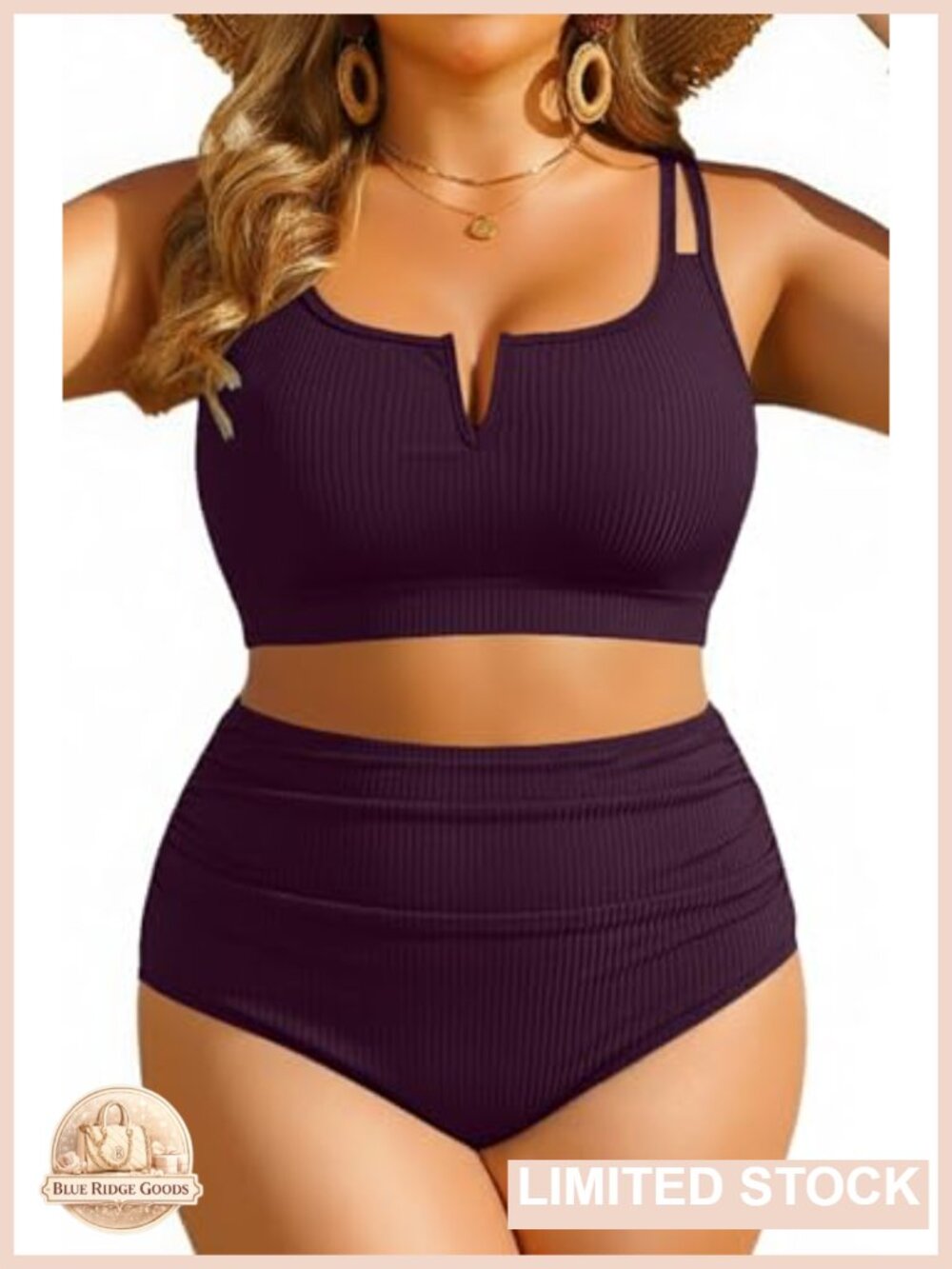 Plus Size High Waisted Bikini Set Tummy Control Ribbed Two Piece Swimsuit